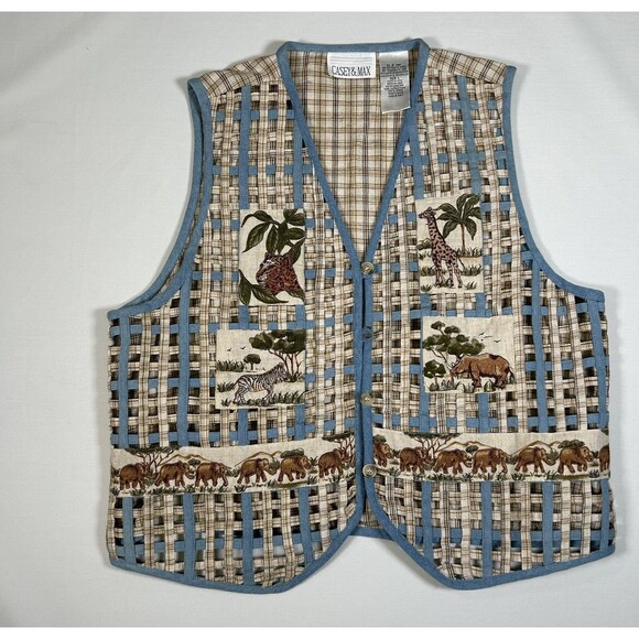 VTG Casey And Max African Safari Plaid Lattice Animal Motif Vest Womens SZ Large - Picture 2 of 14